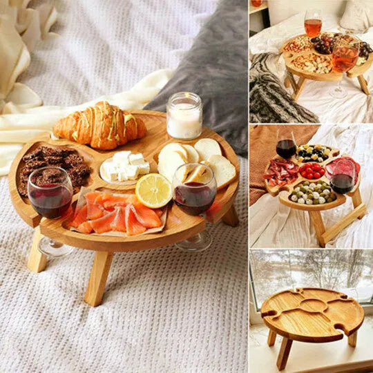 Portable wooden foldable table, 30 cm by 16 cm, wood colour, for wine glasses and snacks