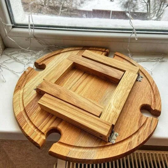 Portable wooden foldable table, 30 cm by 16 cm, wood colour, for wine glasses and snacks