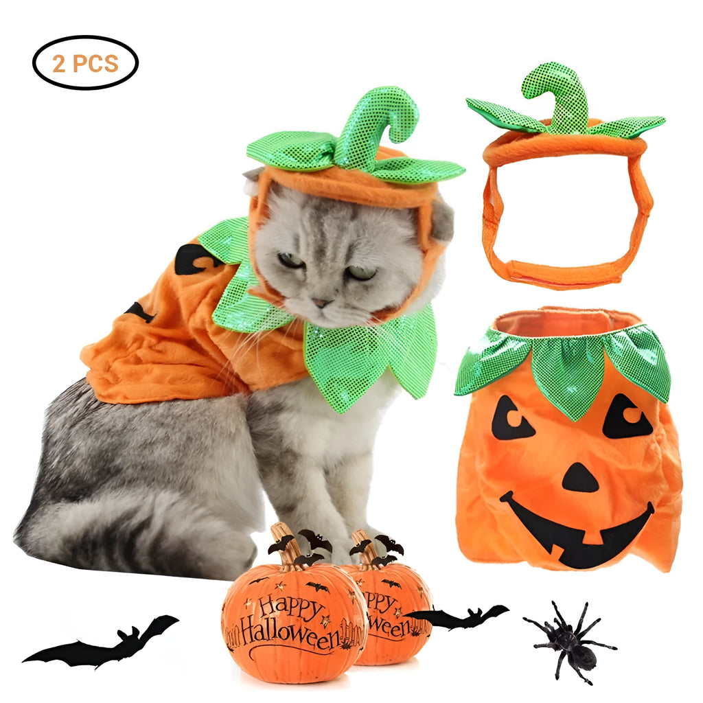 Yellow pumpkin-shaped pet costume with green leaf decoration for cats and small dogs