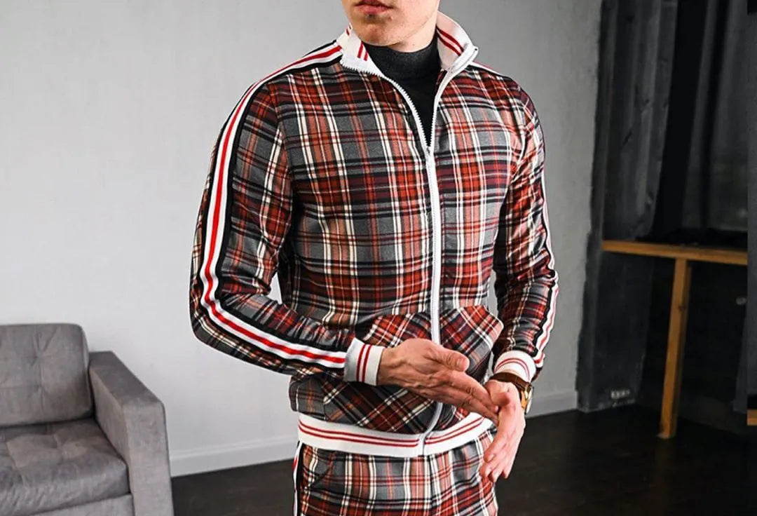 Men's casual zipper jacket with stand collar, long sleeves, in striped colour, front view