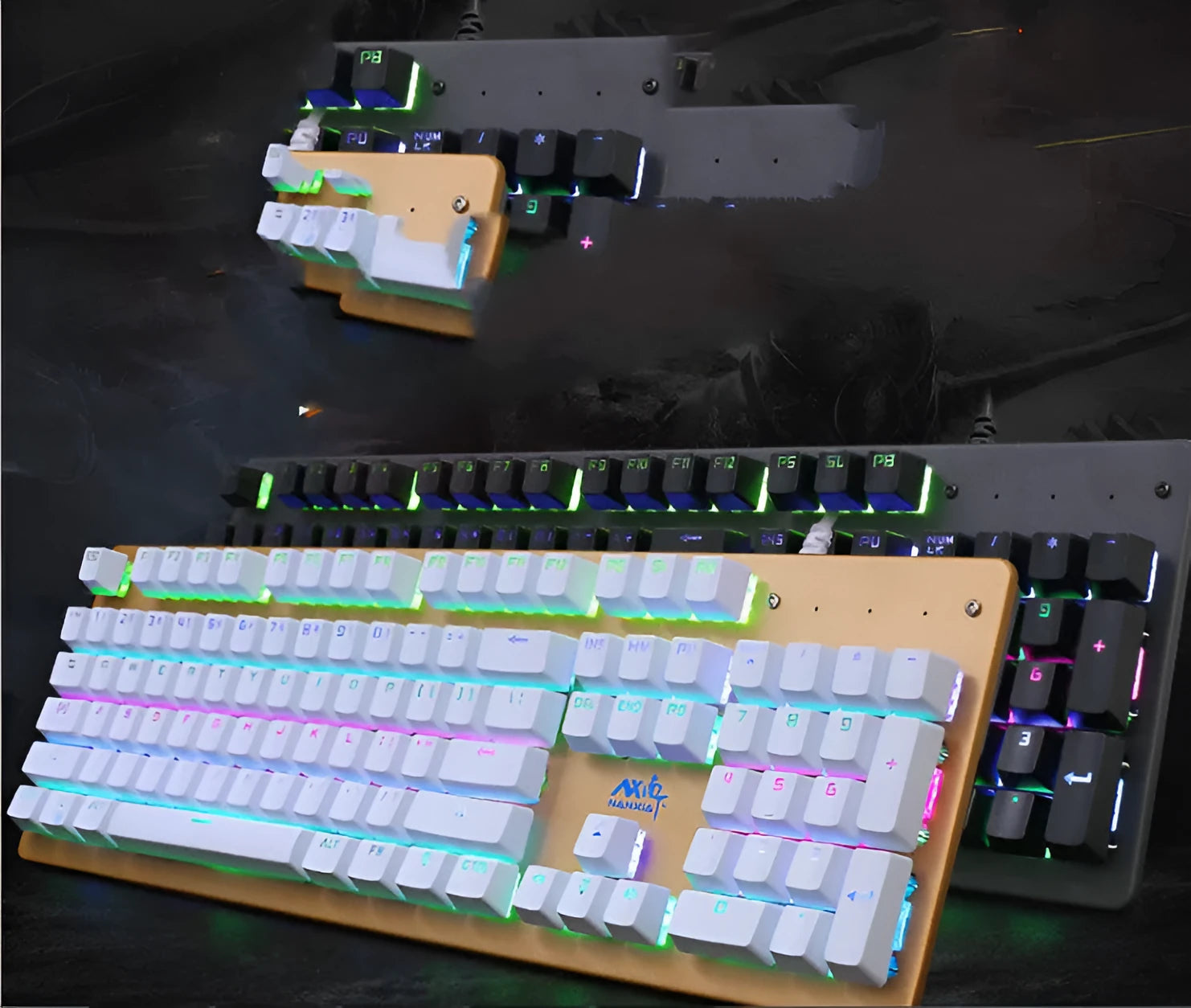 Metal mechanical gaming keyboard with green switches and backlit keys in six colour variations