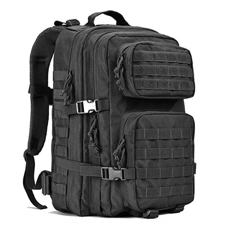 Multi-colour camouflage tactical backpack with MOLLE system, 45L capacity, standing on outdoor terrain