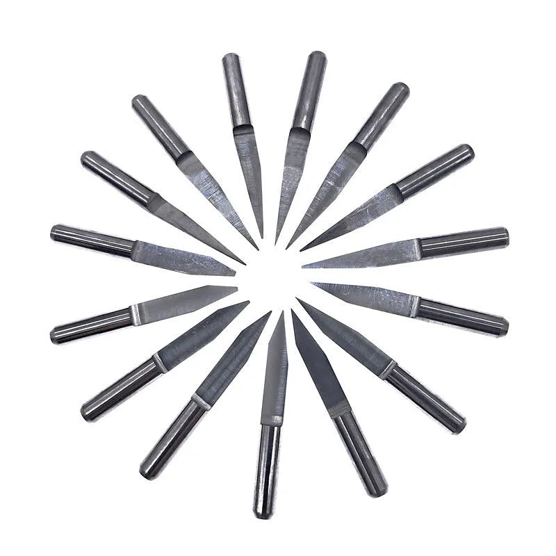 Set of 10 tungsten steel milling cutters for acrylic engraving in packaging.