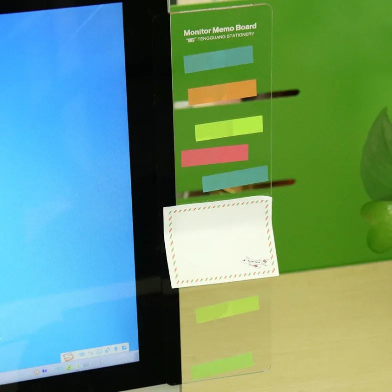 Transparent acrylic computer monitor side pane 28 by 7.8cm attached to screen showing notes