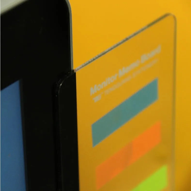 Transparent acrylic computer monitor side pane 28 by 7.8cm attached to screen showing notes