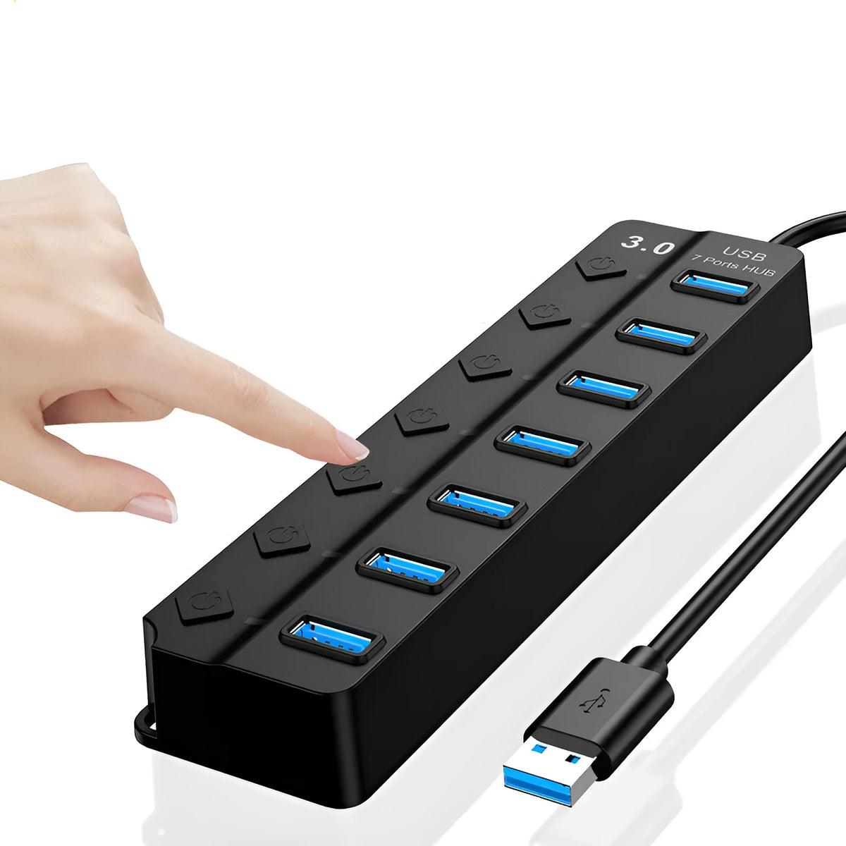 Black 7-port USB 3.0 hub with external power adapter on a desk.