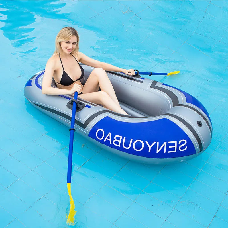 Inflatable PVC boat in single and two-person sizes with pump and oar options