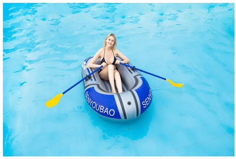 Inflatable PVC boat in single and two-person sizes with pump and oar options