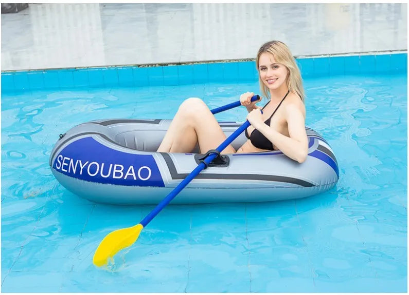 Inflatable PVC boat in single and two-person sizes with pump and oar options