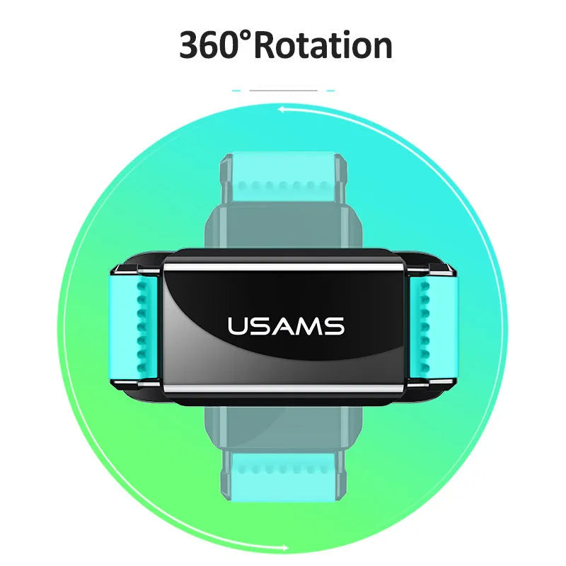 Black 360 rotating double buckle car vent phone holder mounted on a vehicle air outlet