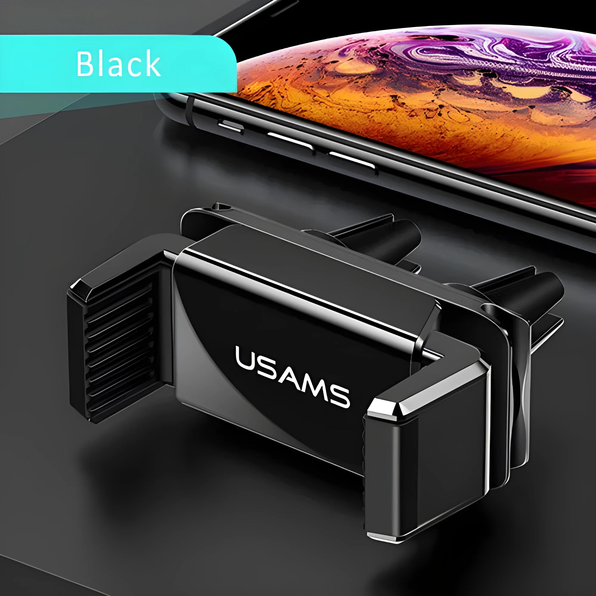 Black 360 rotating double buckle car vent phone holder mounted on a vehicle air outlet