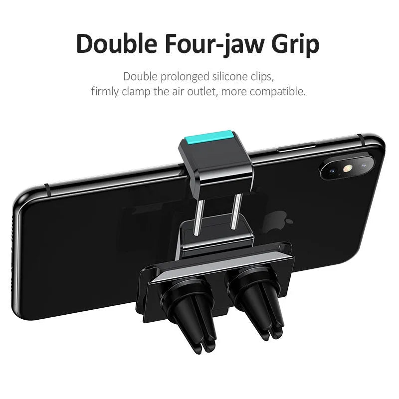 Black 360 rotating double buckle car vent phone holder mounted on a vehicle air outlet