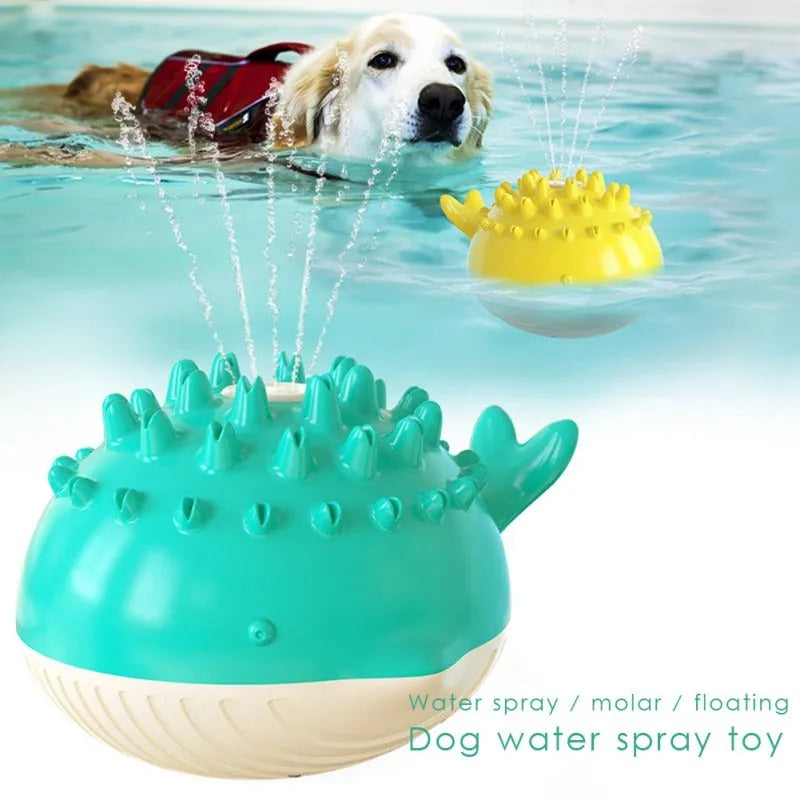 Summer electric floating swimming pet bathing water spray dog toy in yellow with molar bumps and waterproof design