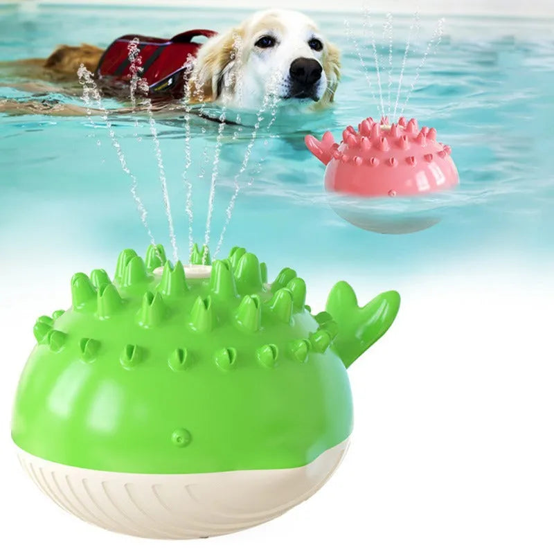 Summer electric floating swimming pet bathing water spray dog toy in yellow with molar bumps and waterproof design