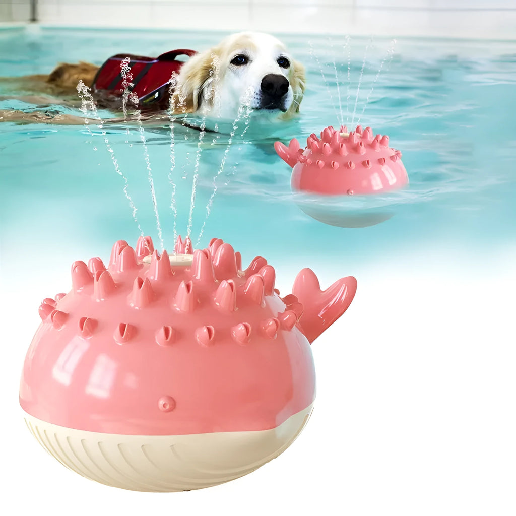 Summer electric floating swimming pet bathing water spray dog toy in yellow with molar bumps and waterproof design