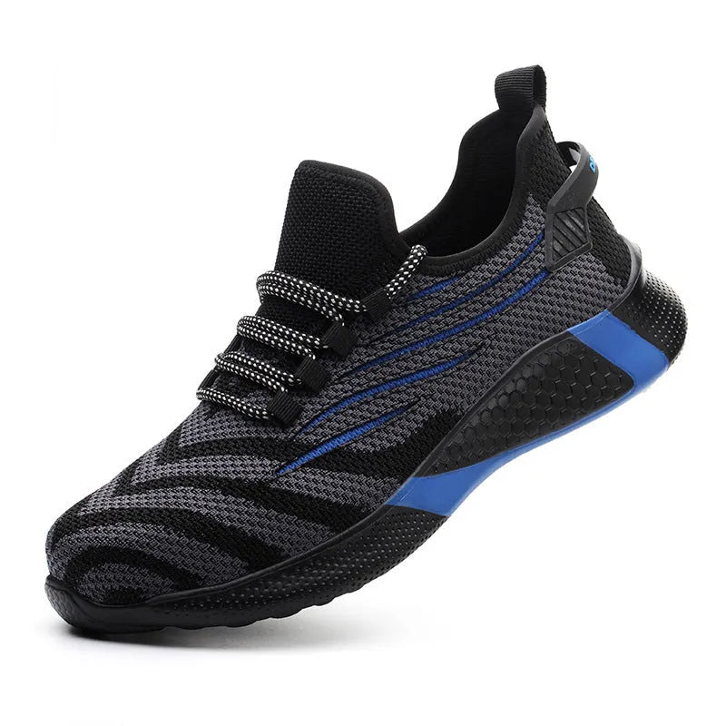 Lightweight non-slip protective work shoes for men blue flying woven upper low cut PU outsole industrial safety