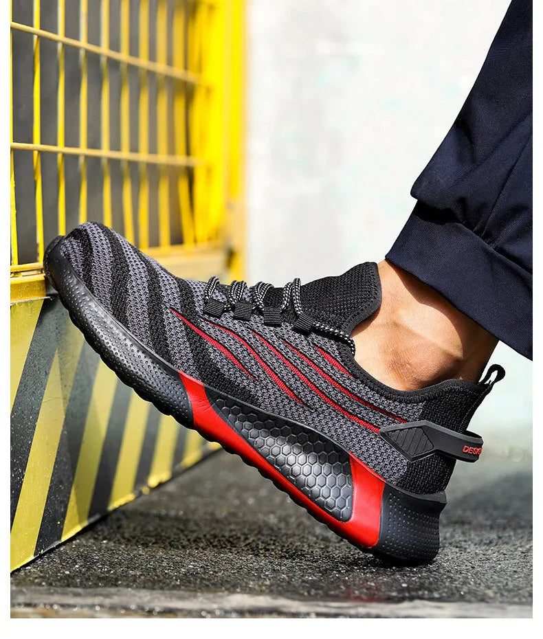 Lightweight non-slip protective work shoes for men blue flying woven upper low cut PU outsole industrial safety