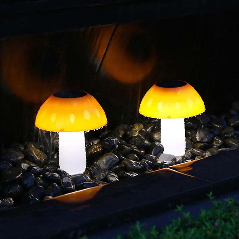 Solar mushroom ground plug light for garden landscapes with mushroom-shaped design