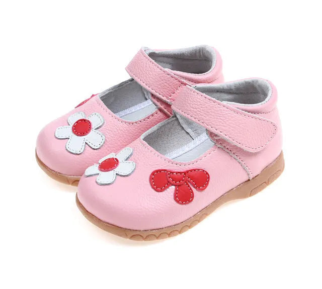 Korean princess style children's leather shoes with Velcro fastening and decorative embroidery