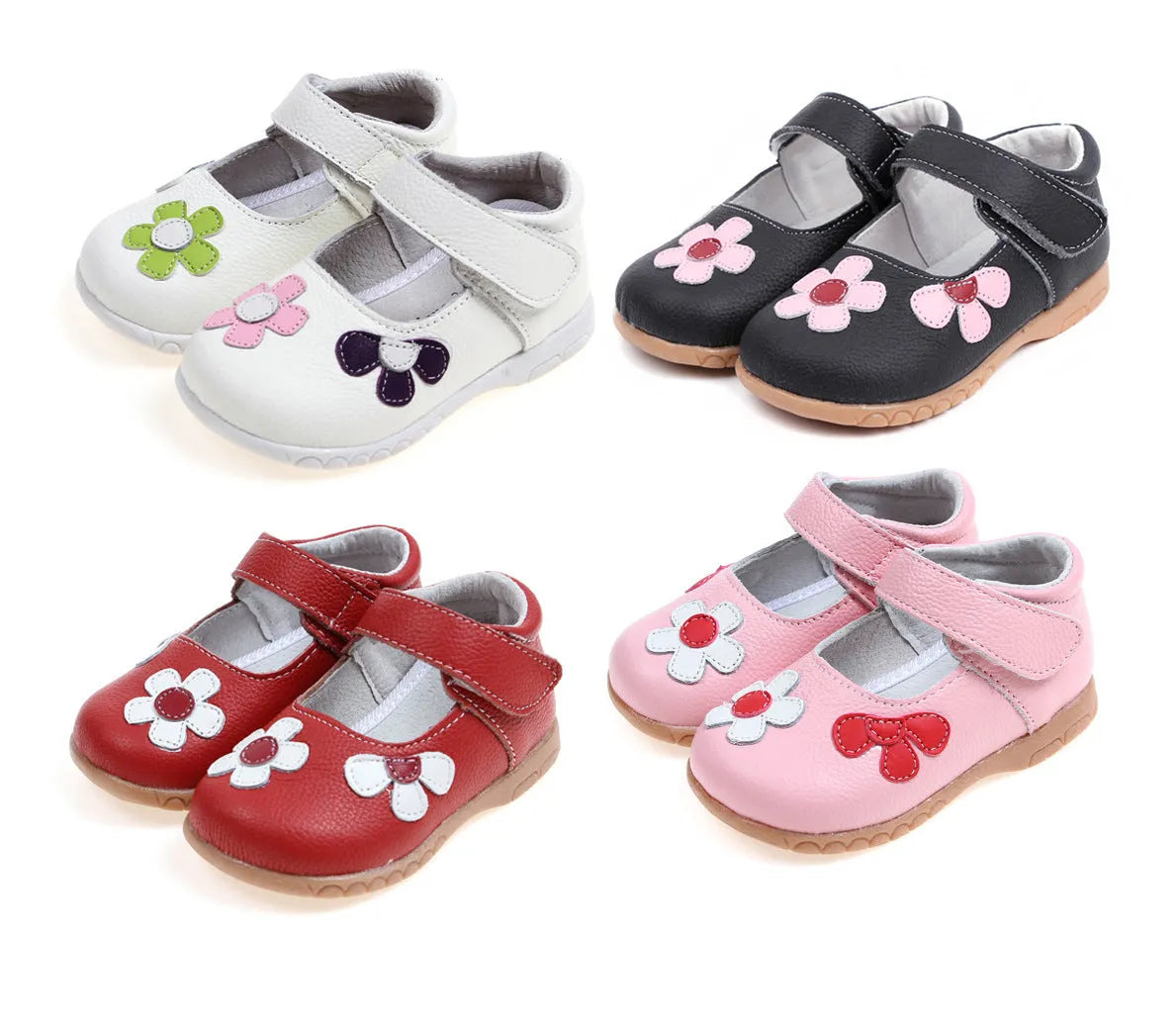 Korean princess style children's leather shoes with Velcro fastening and decorative embroidery