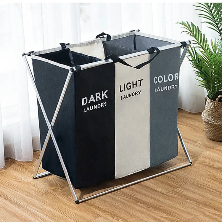 Foldable multi-compartment laundry hamper with Oxford cloth and aluminium tube, double grid size 60x39x60cm