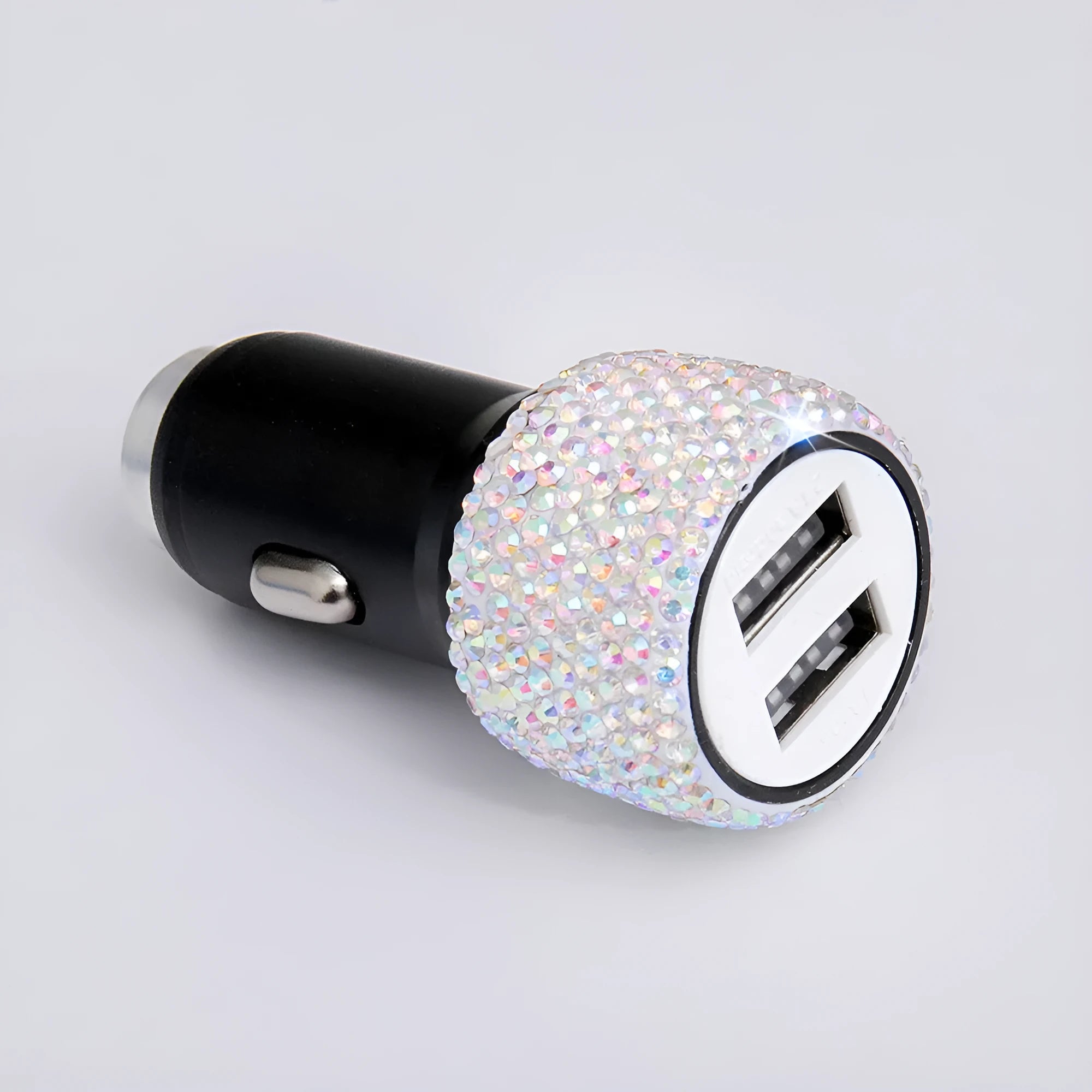 Diamond-studded car mobile phone safety hammer charger with dual USB ports, 25mm by 65mm