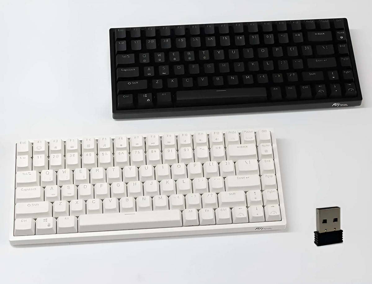 84-key three-mode mechanical keyboard with white backlighting in black or white case with hot-swappable switches