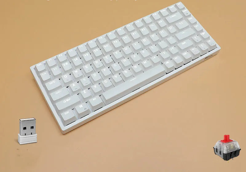 84-key three-mode mechanical keyboard with white backlighting in black or white case with hot-swappable switches