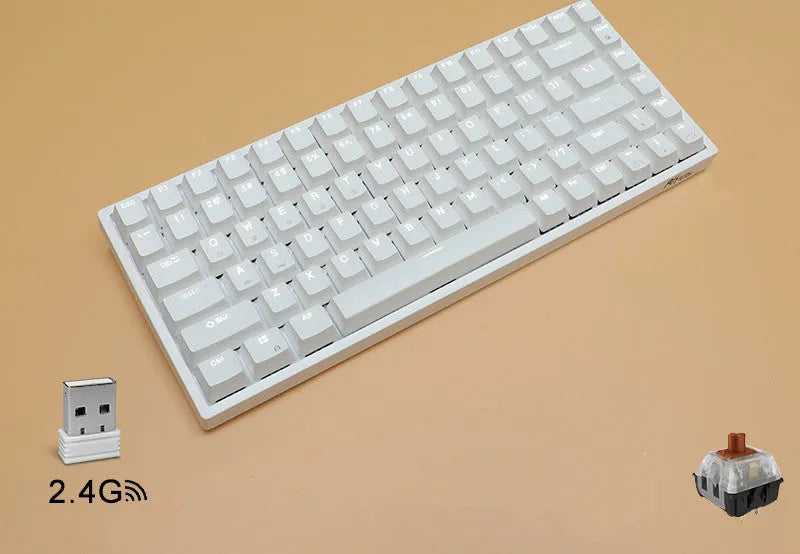 84-key three-mode mechanical keyboard with white backlighting in black or white case with hot-swappable switches