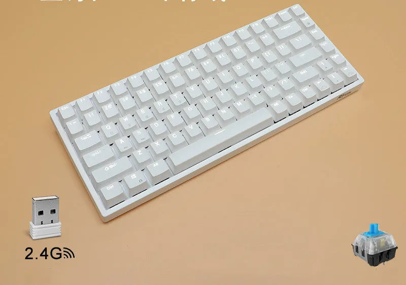 84-key three-mode mechanical keyboard with white backlighting in black or white case with hot-swappable switches
