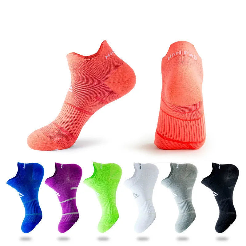 Pair of thin combed cotton shallow mouth running socks in colour block jacquard pattern, available for men and women