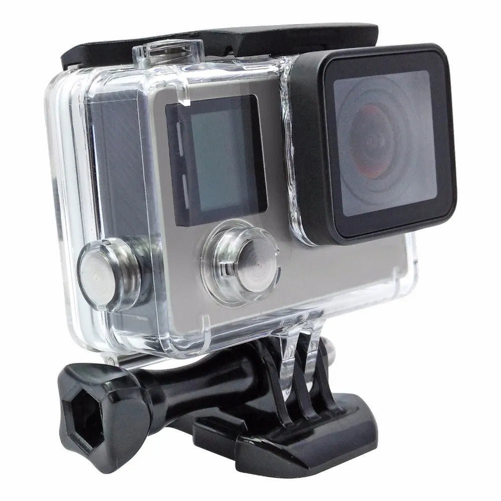 GoPro Hero 3+ and Hero 4 waterproof housing case with transparent front and black frame