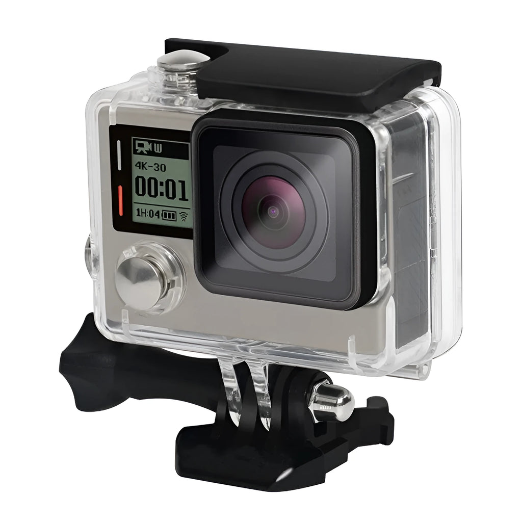 GoPro Hero 3+ and Hero 4 waterproof housing case with transparent front and black frame