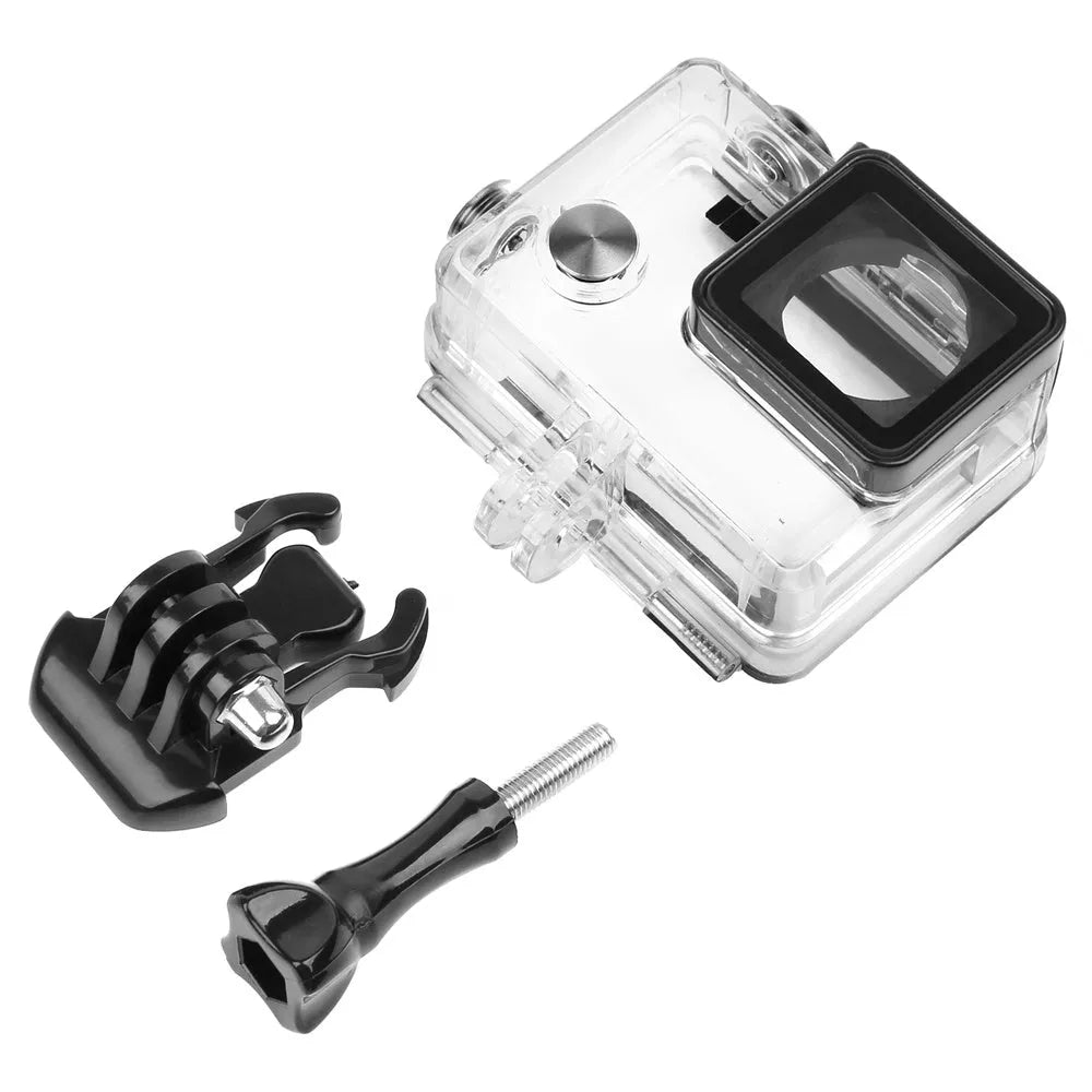 GoPro Hero 3+ and Hero 4 waterproof housing case with transparent front and black frame