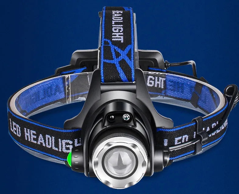 Black aluminum alloy LED sensor headlight with USB fast charge, 2400 battery capacity, hand pressure power, and 4 batteries.