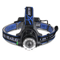 Black aluminum alloy LED sensor headlight with USB fast charge, 2400 battery capacity, hand pressure power, and 4 batteries.