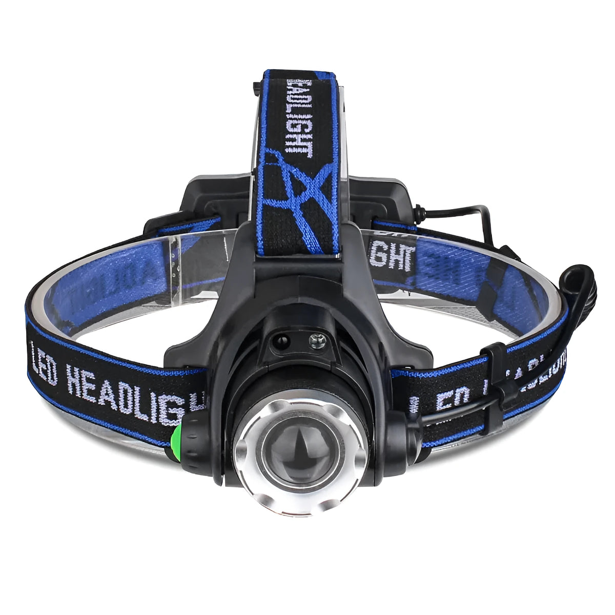 Black aluminum alloy LED sensor headlight with USB fast charge, 2400 battery capacity, hand pressure power, and 4 batteries.