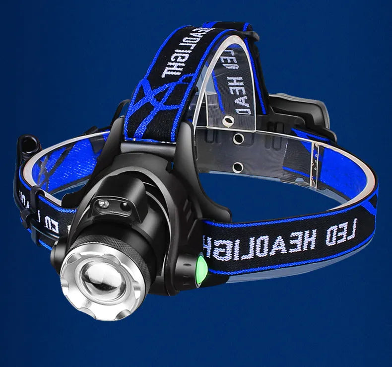 Black aluminum alloy LED sensor headlight with USB fast charge, 2400 battery capacity, hand pressure power, and 4 batteries.