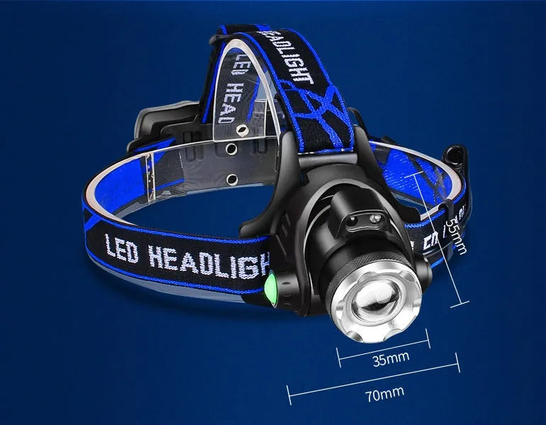 Black aluminum alloy LED sensor headlight with USB fast charge, 2400 battery capacity, hand pressure power, and 4 batteries.