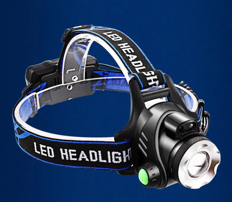Black aluminum alloy LED sensor headlight with USB fast charge, 2400 battery capacity, hand pressure power, and 4 batteries.