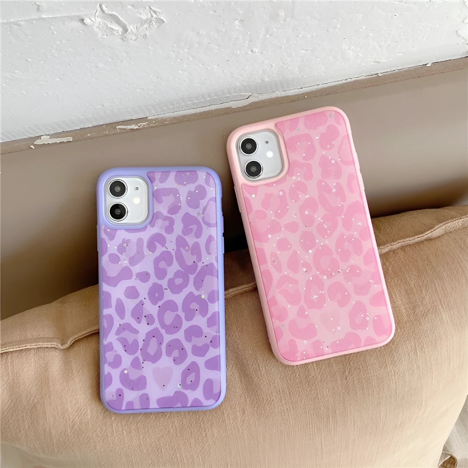 Epoxy resin phone case with leopard print and gold foil design for iPhone, pink colour