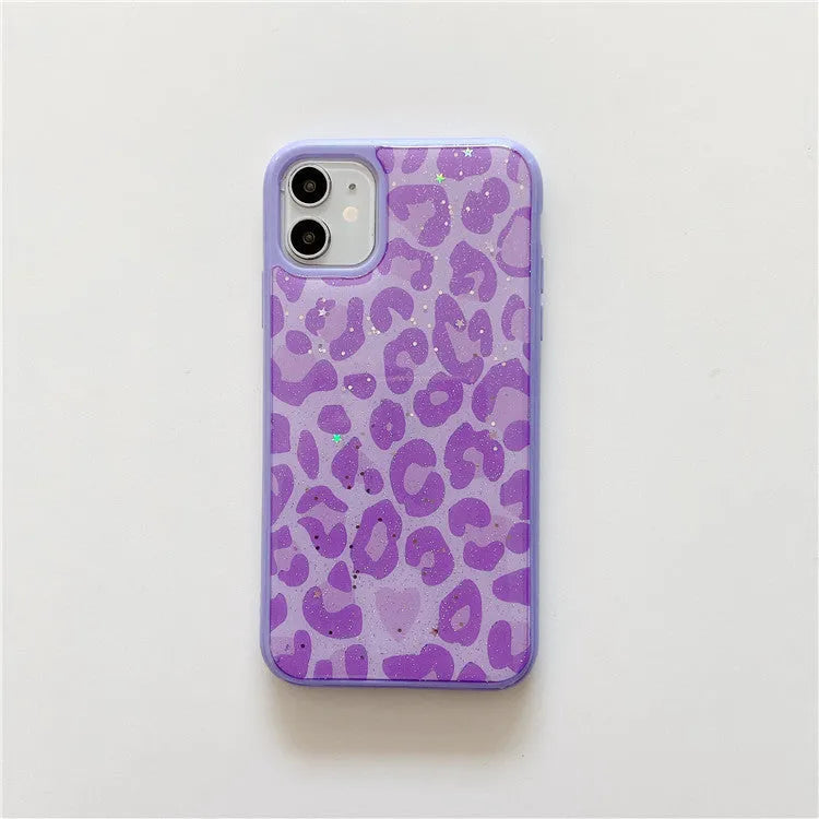 Epoxy resin phone case with leopard print and gold foil design for iPhone, pink colour