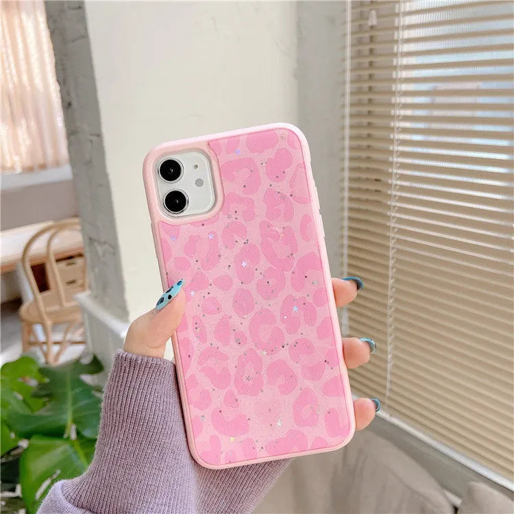 Epoxy resin phone case with leopard print and gold foil design for iPhone, pink colour