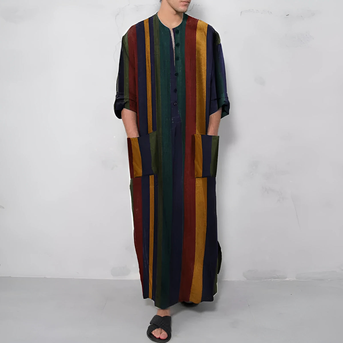 Men's striped Muslim robe in red or yellow cotton, retro style, long sleeves, sizes S to 3XL