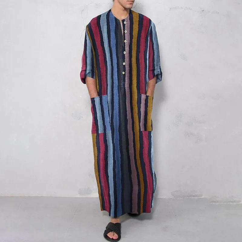 Men's striped Muslim robe in red or yellow cotton, retro style, long sleeves, sizes S to 3XL