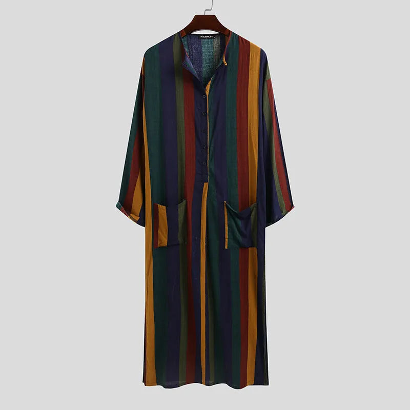 Men's striped Muslim robe in red or yellow cotton, retro style, long sleeves, sizes S to 3XL