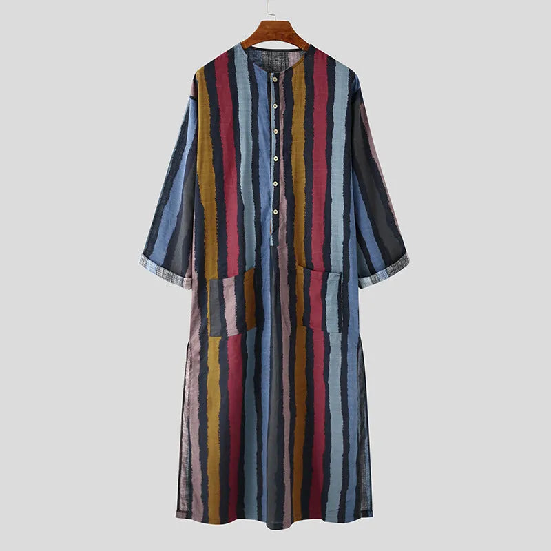 Men's striped Muslim robe in red or yellow cotton, retro style, long sleeves, sizes S to 3XL