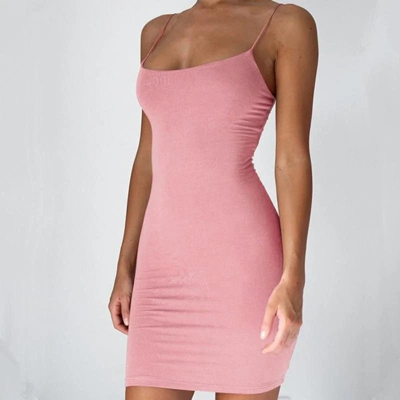 Stylish spaghetti strap mini dress in various colors, featuring a figure-hugging fit and contemporary design