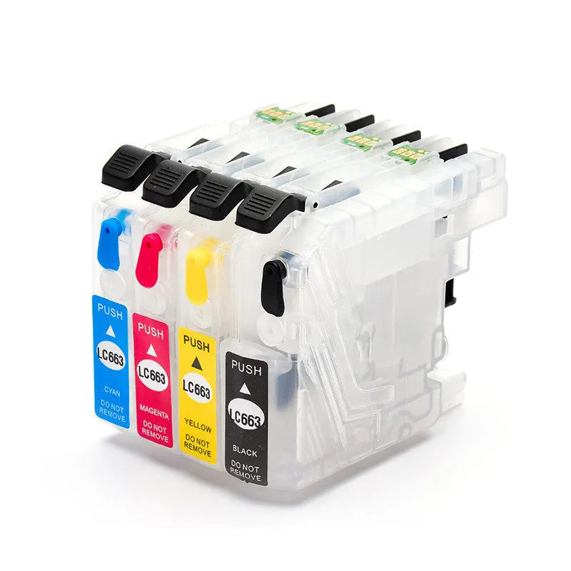 Compatible Brother LC663 LC665 LC669 refill cartridge in black, blue, red, or yellow, empty or full ink.