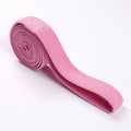 2-metre long elastic yoga stretch band in pink, purple, and black with storage mesh bag